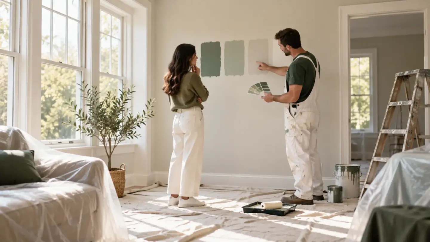 Fictional homeowner and painter comparing wall colour samples in a protected bright room