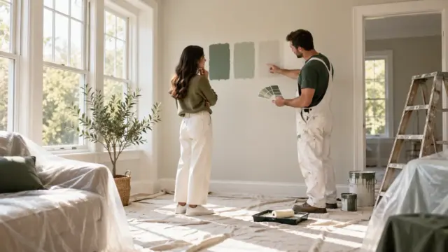 Fictional homeowner and painter comparing wall colour samples in a protected bright room