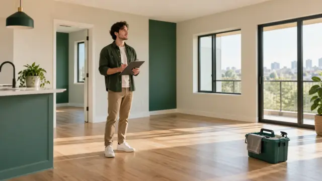 Fictional renter checking an empty apartment with a clipboard and cleaning supplies