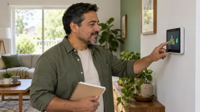 Fictional homeowner reviewing a generic wall energy display while holding a notebook