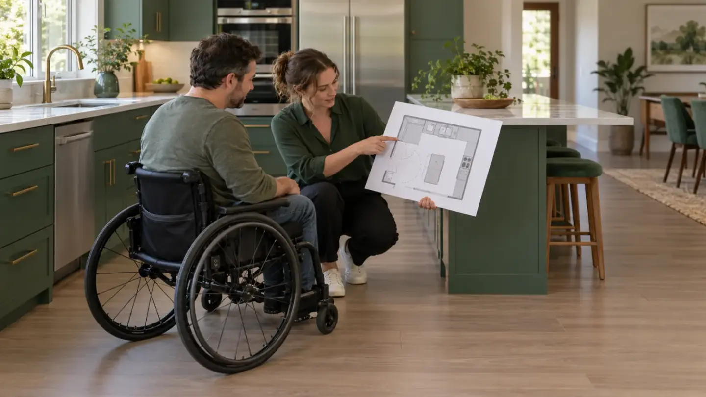 Fictional wheelchair user and professional discussing a home kitchen floorplan