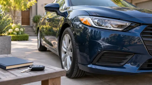 A fictional parked blue car with a scratched front bumper beside a notebook and car keys.