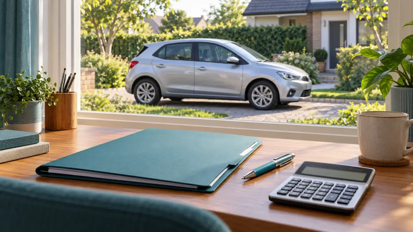 Fictional silver car outside a home, seen past a desk with a renewal folder and calculator.