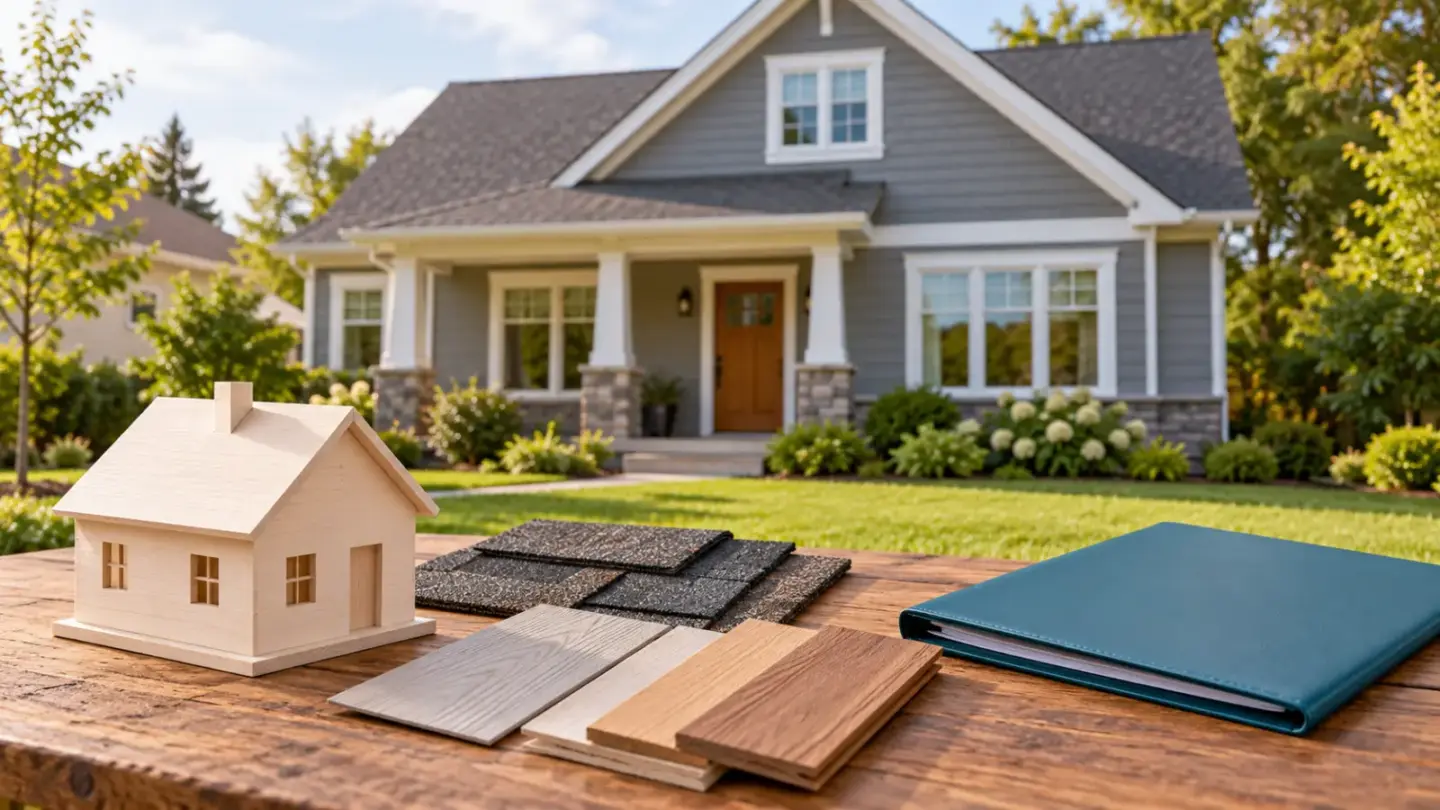 Fictional house model, roof and wood samples and a plain insurance folder in front of a modest house.