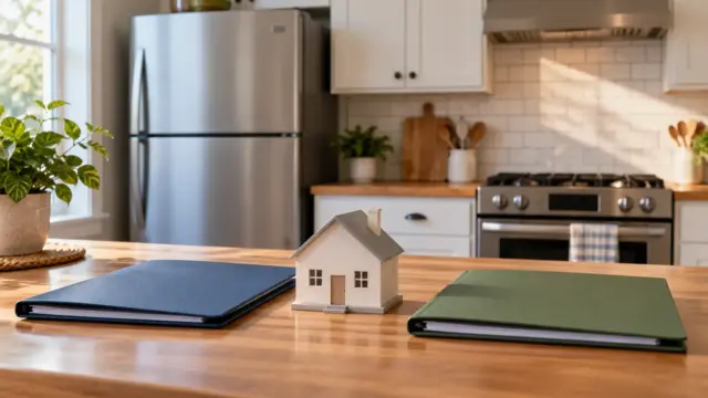 Fictional kitchen appliances behind a small house model and two plain folders.