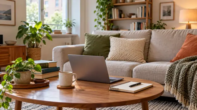 Fictional rented living room with personal belongings and an open inventory notebook.