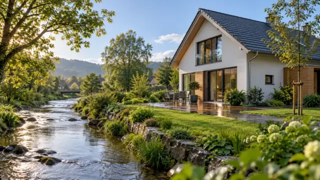 Fictional modern home beside a quiet stream with a damp garden after light rain.