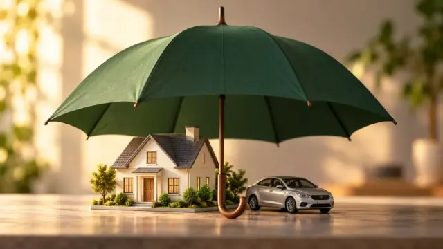 Fictional dark-green umbrella above a miniature house and unbranded model car on a tabletop.