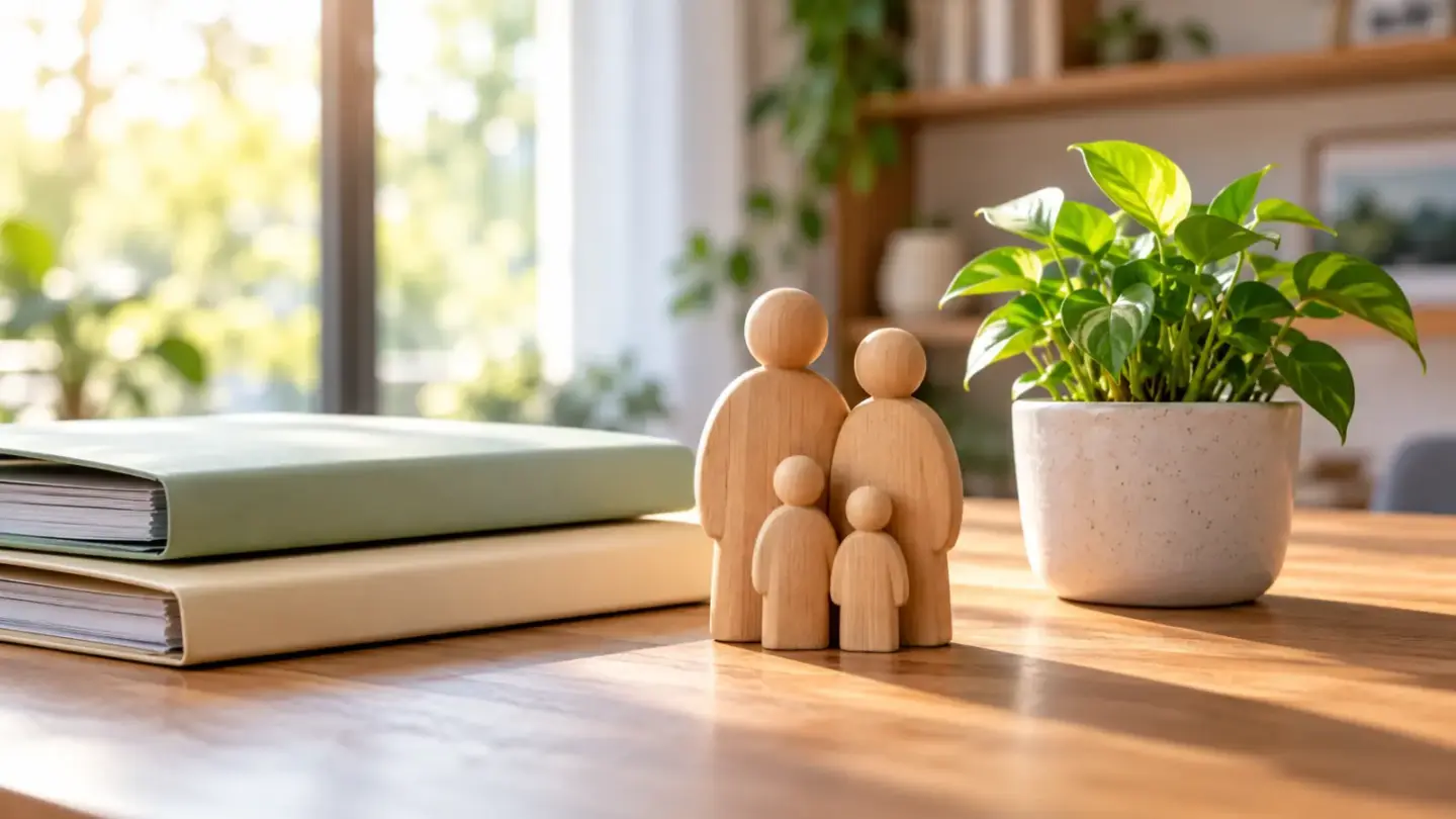 Fictional wooden family figurines beside two plain folders and a potted plant on a sunny table.