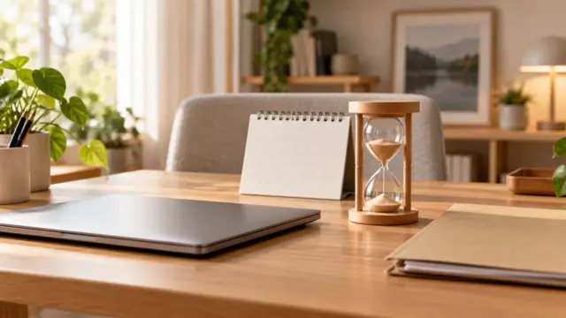 Fictional home-office desk with a closed laptop, blank calendar, hourglass and plain folder.