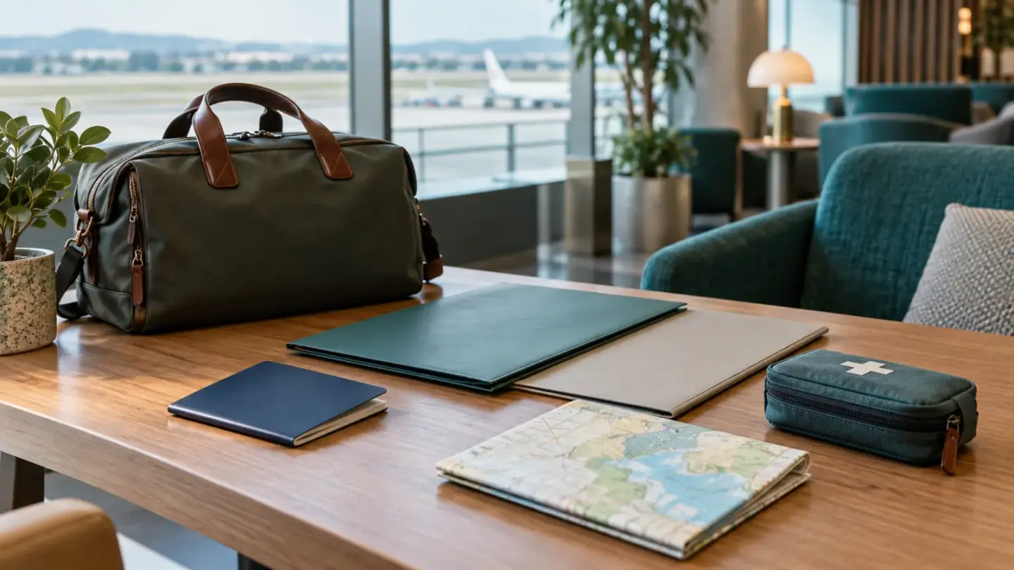 Fictional airport lounge table with travel bag, plain passport, folders, map and first-aid pouch.