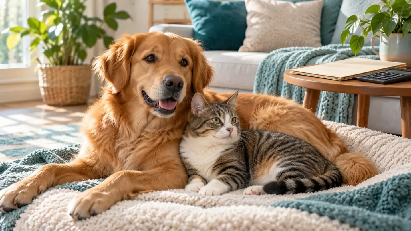 Fictional dog and cat resting together in a sunny home beside a plain folder and calculator.
