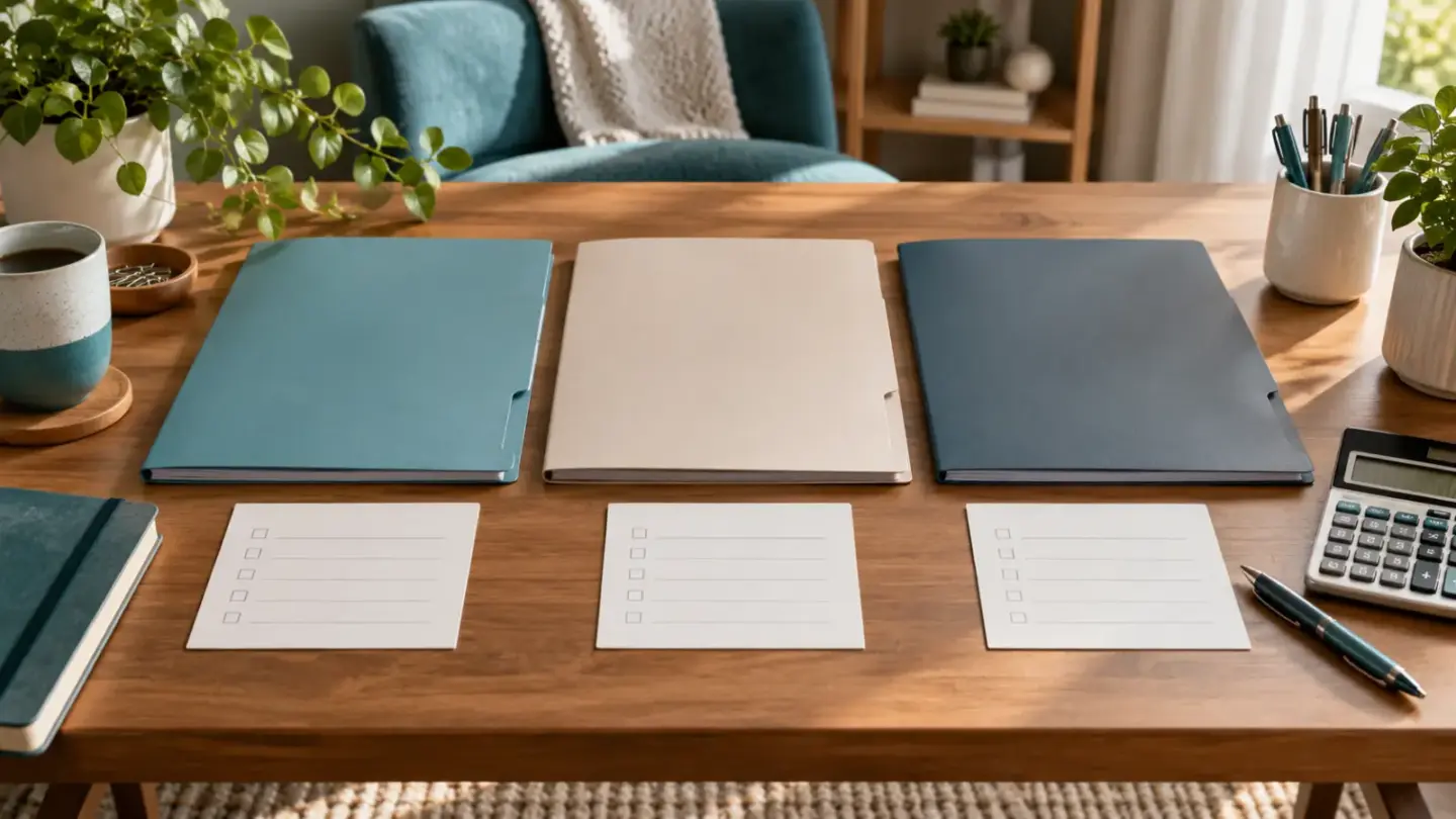 Fictional insurance comparison desk with three plain quote folders, calculator and checklists