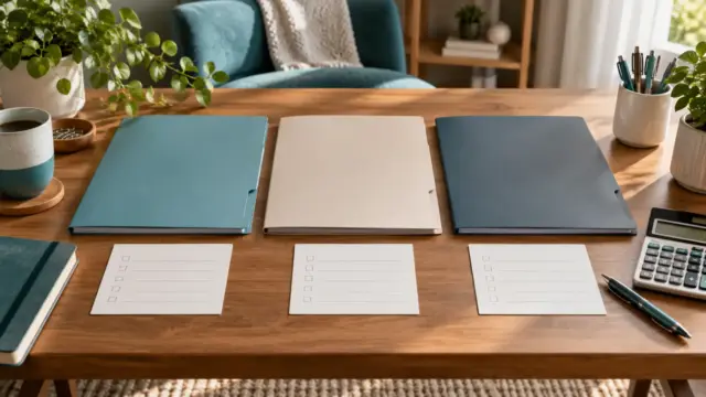 Fictional insurance comparison desk with three plain quote folders, calculator and checklists