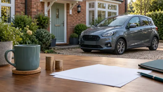Fictional British home and compact car with insurance papers and coin stacks in the foreground