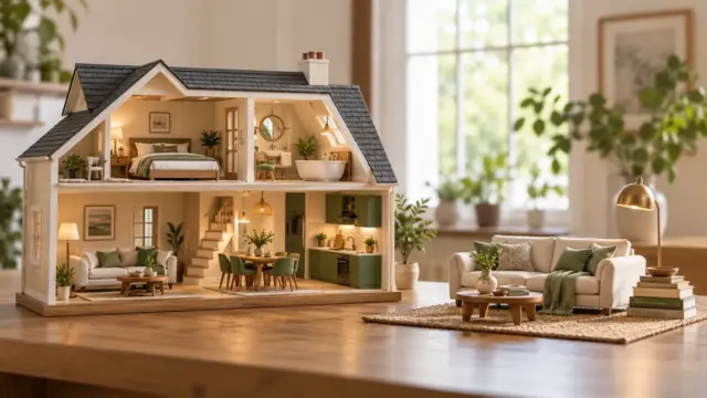 Fictional miniature house with separate miniature furniture illustrating structure and belongings
