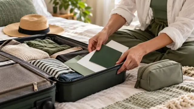 Fictional travel-packing scene with blank documents and a closed plain medical pouch