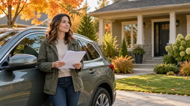Fictional driver holding plain insurance documents beside a parked car and suburban home
