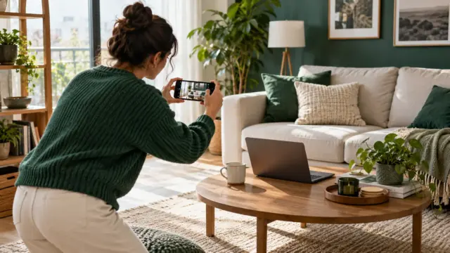 Fictional tenant documenting belongings with a phone in a bright rented apartment