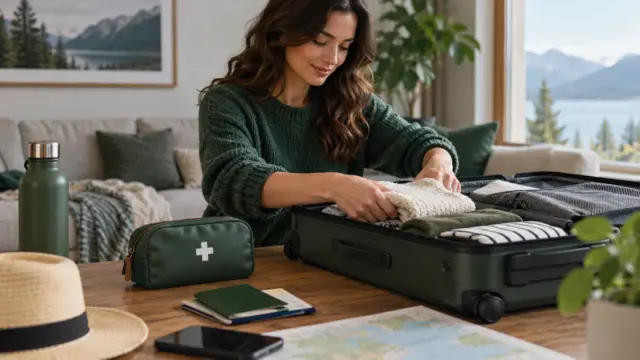 Fictional traveller packing a suitcase beside plain travel documents and a first-aid pouch