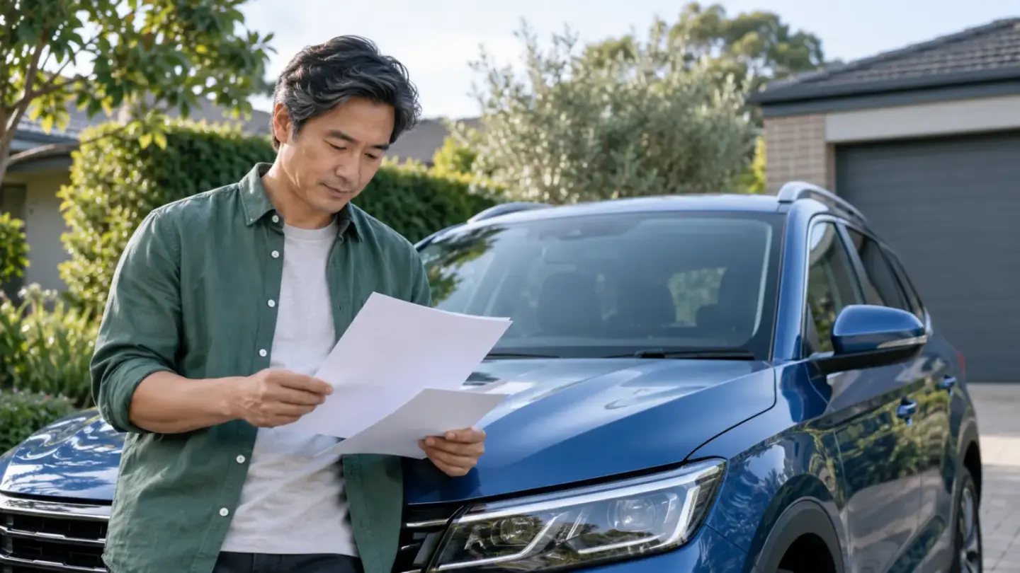 Fictional driver reviewing plain insurance documents beside a blue car outside a home