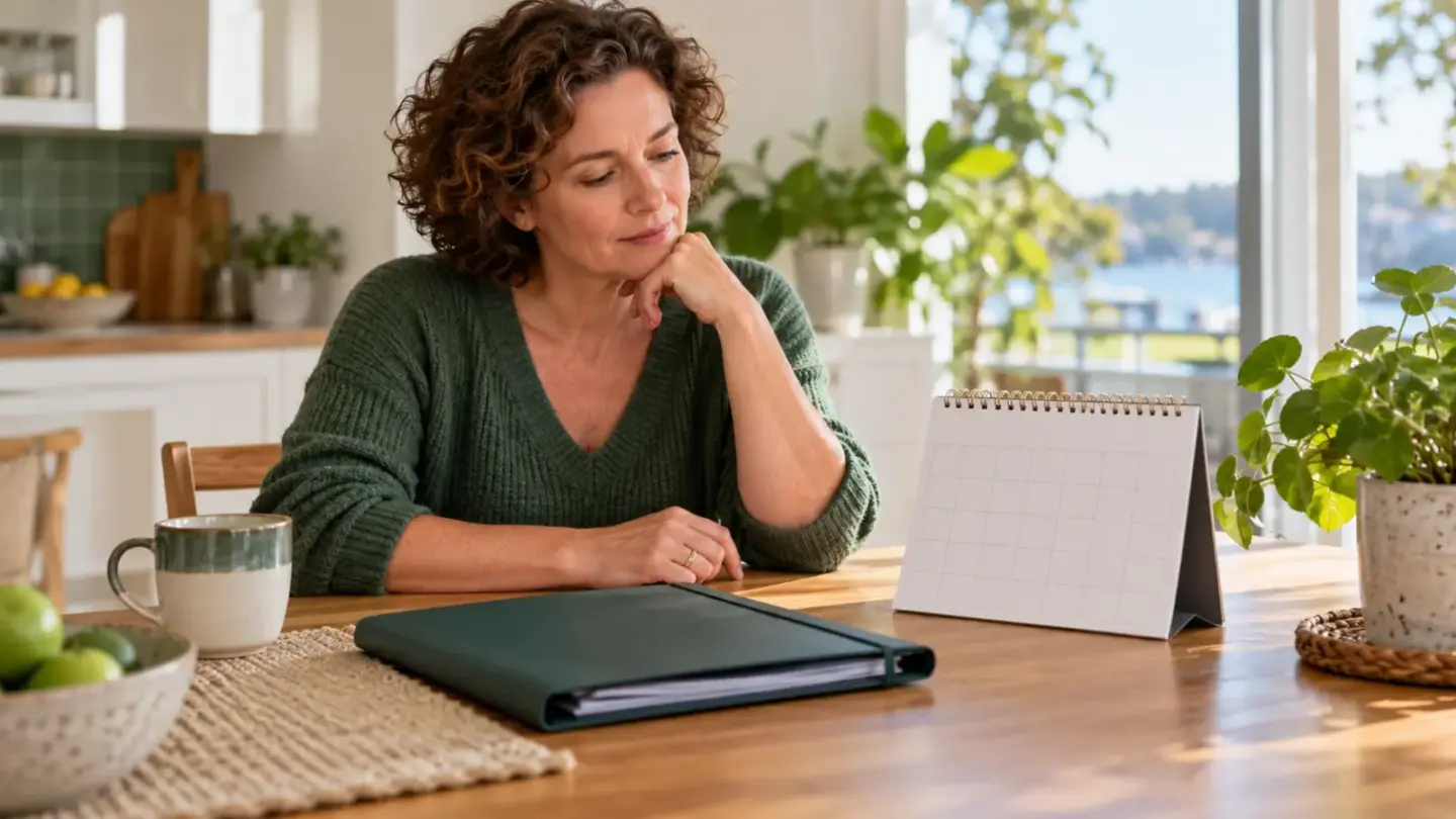 Fictional adult reviewing a plain calendar and health insurance folder at a kitchen table