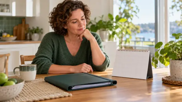 Fictional adult reviewing a plain calendar and health insurance folder at a kitchen table