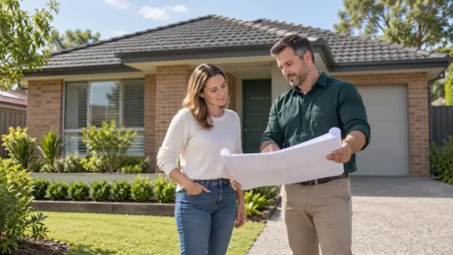 Fictional homeowner and estimator reviewing rebuilding plans outside a brick home