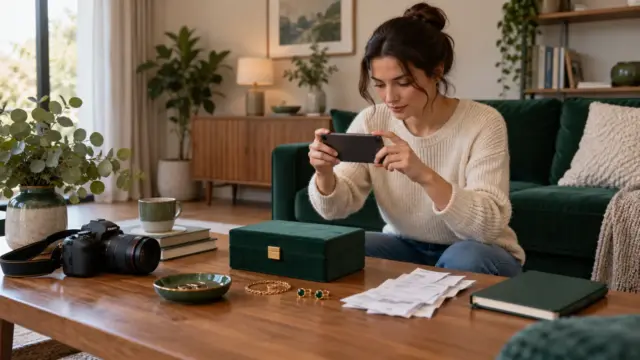 Fictional woman photographing household belongings beside receipts and a closed jewellery box