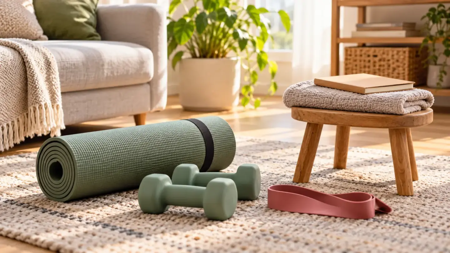 Fictional home exercise corner with a rolled mat, light dumbbells, band, towel and plain budget notebook.