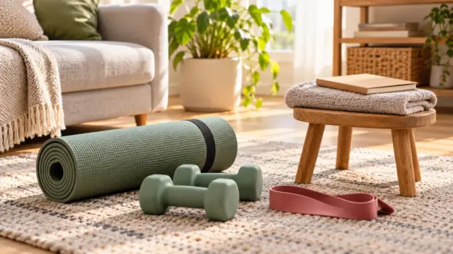 Fictional home exercise corner with a rolled mat, light dumbbells, band, towel and plain budget notebook.