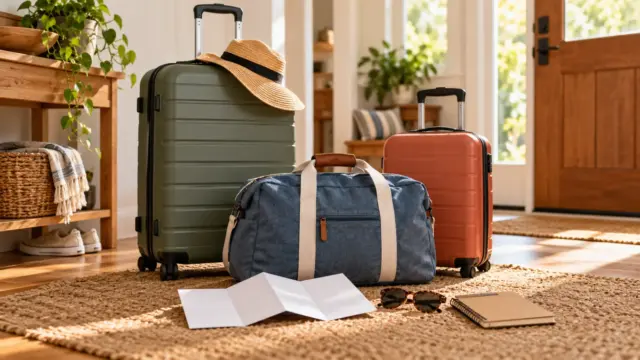 Fictional family travel bags, a blank itinerary, sunglasses and plain budget notebook in a home entryway.
