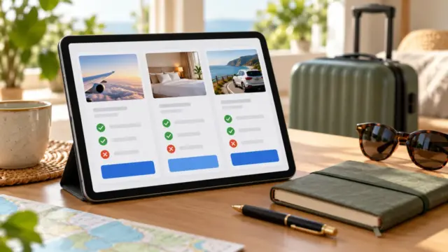 Fictional travel booking notebook with two plain confirmation sheets, calculator and suitcase nearby.