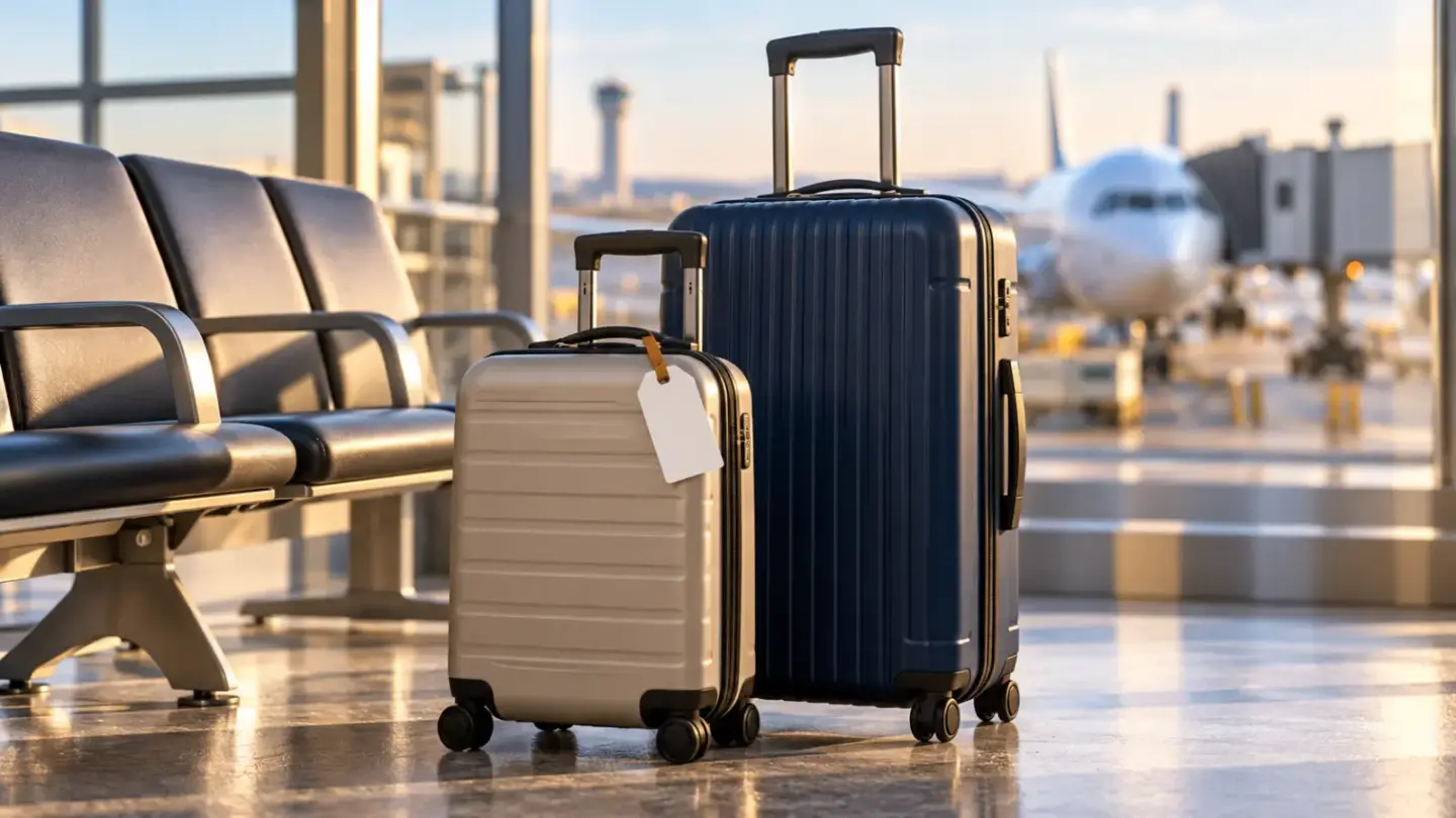 Fictional cabin bag and larger suitcase beside airport seating with an unbranded aircraft in the background.