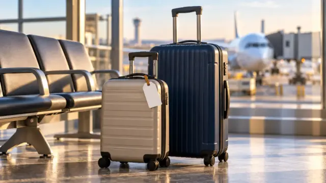 Fictional cabin bag and larger suitcase beside airport seating with an unbranded aircraft in the background.