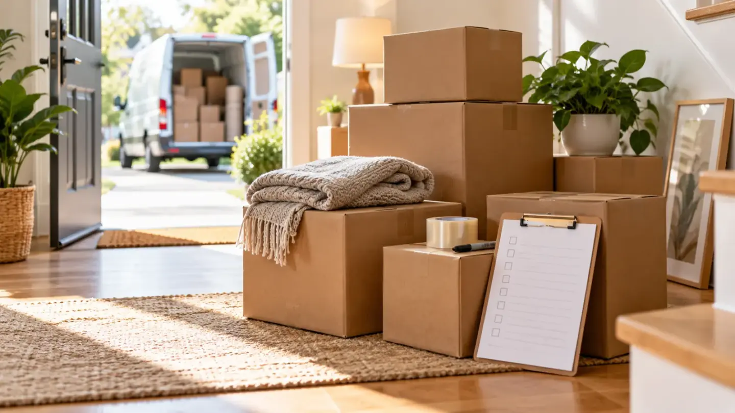 Fictional packed moving boxes, blanket and blank checklist near an apartment entrance with a van outside.