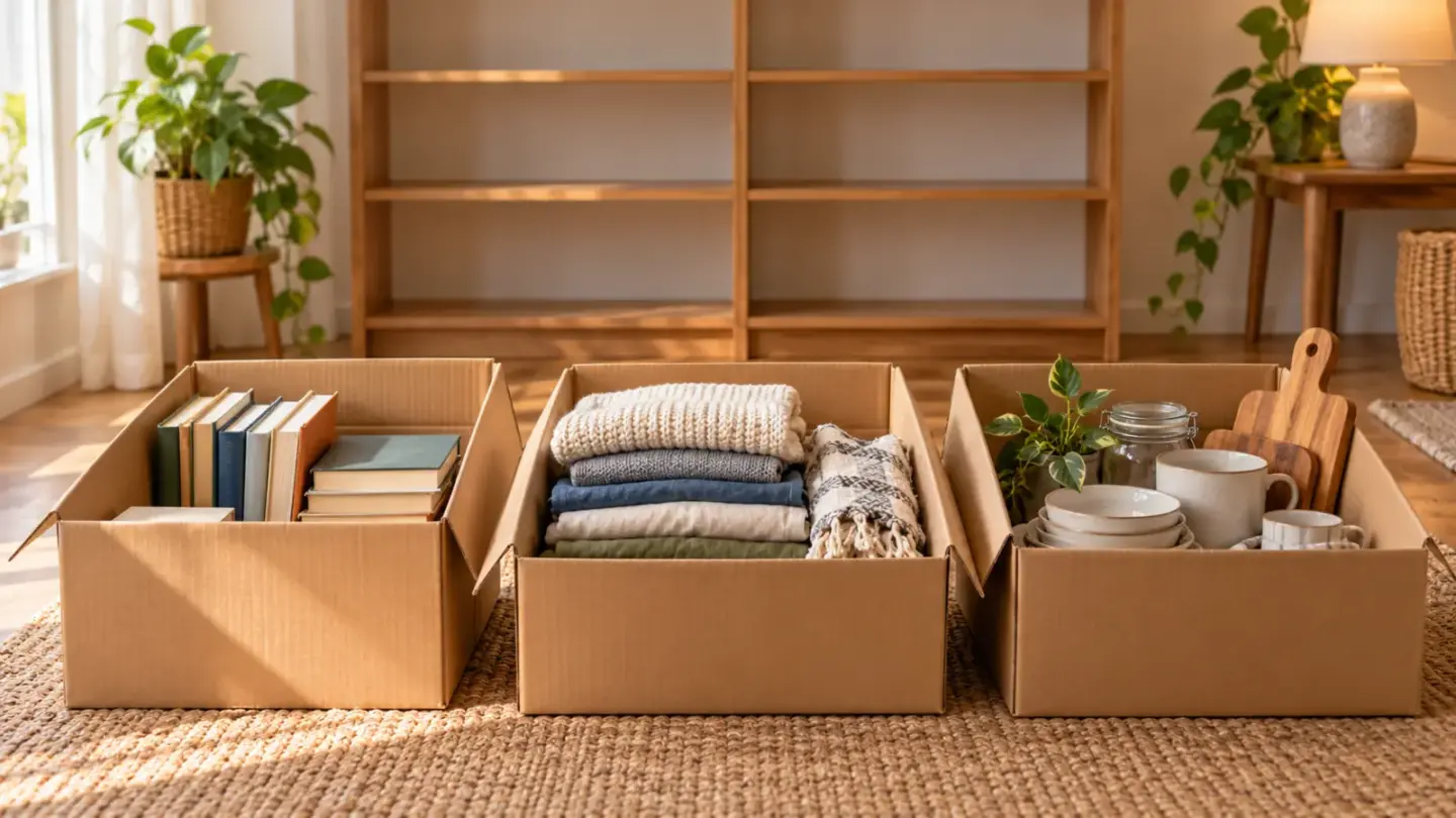 Fictional home sorting area with boxes of books, folded clothes and kitchen items in front of empty shelves.