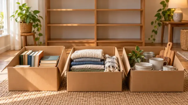 Fictional home sorting area with boxes of books, folded clothes and kitchen items in front of empty shelves.
