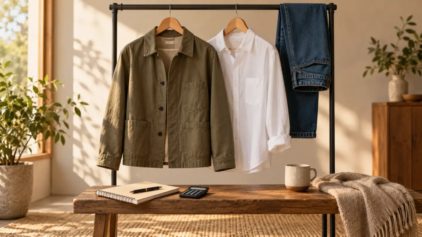 Fictional clothing rail with a plain jacket, shirt and jeans beside a notebook and calculator on a bench.