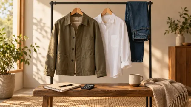 Fictional clothing rail with a plain jacket, shirt and jeans beside a notebook and calculator on a bench.