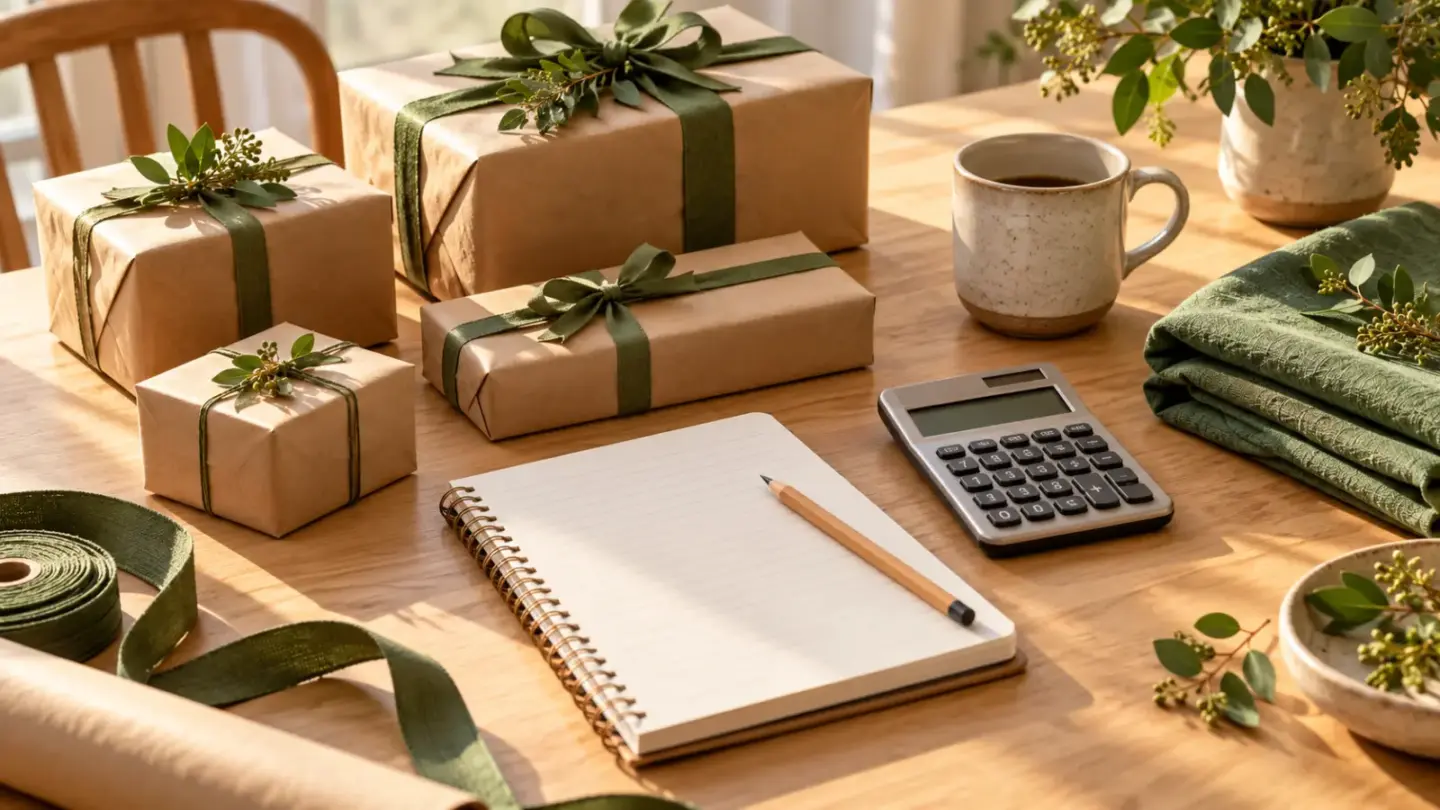 Fictional family gift-planning table with kraft-paper gifts, green ribbons, notebook and calculator.