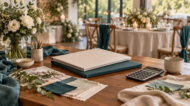 Fictional wedding-planning table with fabric swatches, flowers, plain proposal folders and calculator.