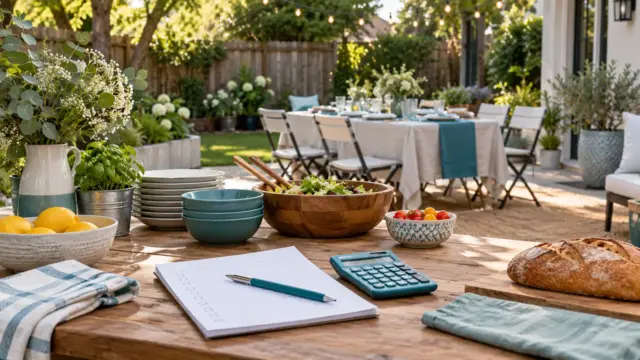 Fictional modest backyard celebration setup with table settings, chairs and planning checklist