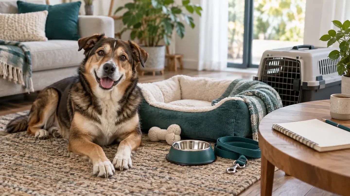 Fictional friendly dog beside bedding, bowl and leash with a blank household planning notebook
