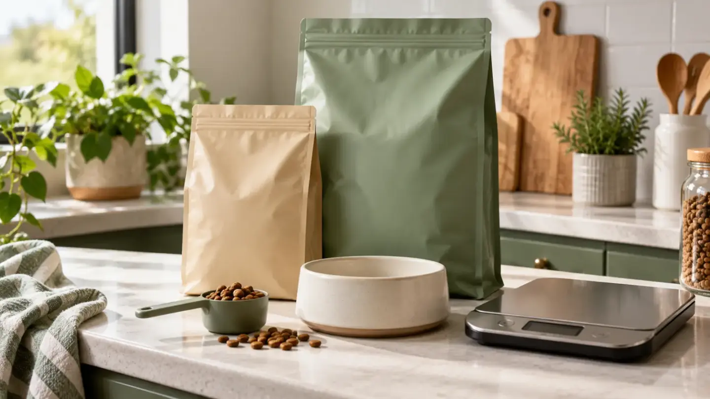 Fictional unbranded pet-food bags beside a scale, clean bowl and measuring scoop