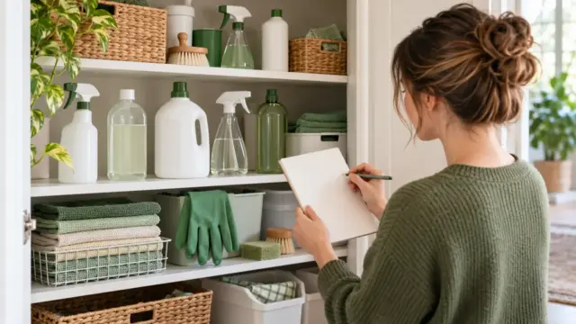 Fictional person checking a shopping list beside a cupboard of plain cleaning bottles and cloths