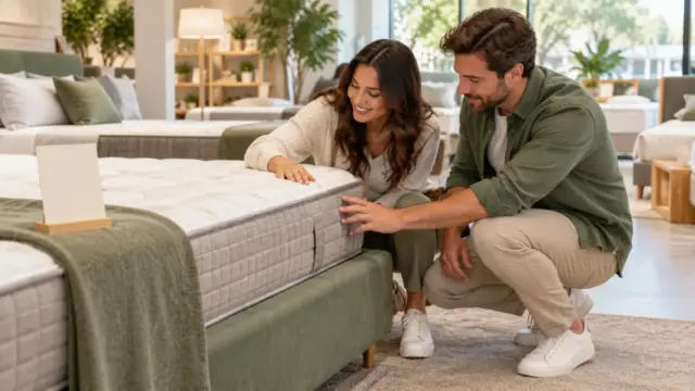 Fictional adults examining a mattress edge in an unbranded showroom