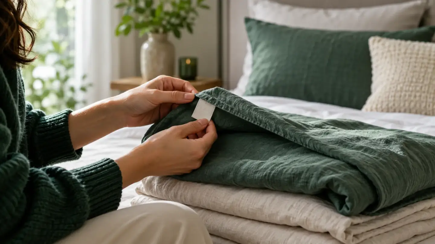 Hands examining a plain care label on folded bedding in a fictional sunlit bedroom