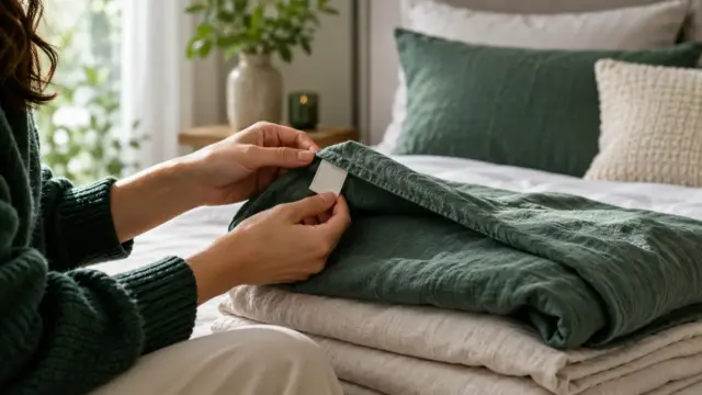 Hands examining a plain care label on folded bedding in a fictional sunlit bedroom