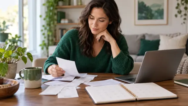Fictional adult reviewing unbranded receipts and a calendar beside a laptop at home